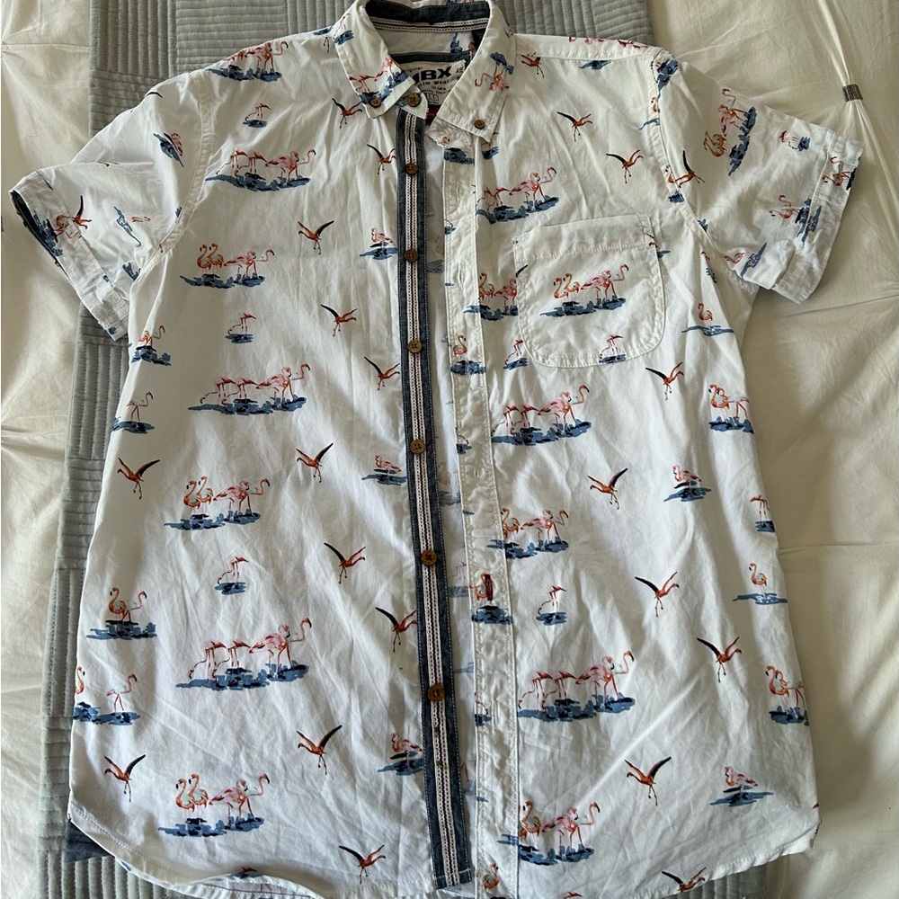 White Flamingo Print Casual Button Down Shirt